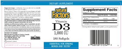 Photo of the Natural Factors Vitamin D3 1,000 IU label