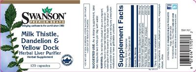 Photo of the Swanson Premium Brand Milk Thistle, Dandelion & Yellow Dock Herbal Liver Purifier label