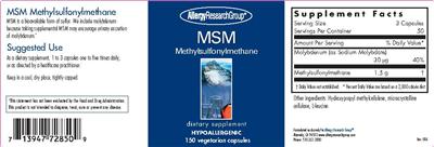 Photo of the Allergy Research Group MSM Methylsulfonylmethane label