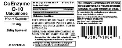Photo of the Indiana Botanic Gardens CoEnzyme Q-10 30 mg label
