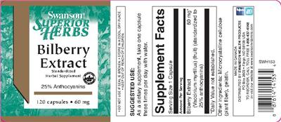 Photo of the Swanson Superior Herbs Bilberry Extract 60 mg label