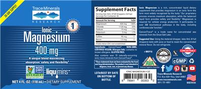 Photo of the Trace Minerals Research Ionic Magnesium 400 mg label