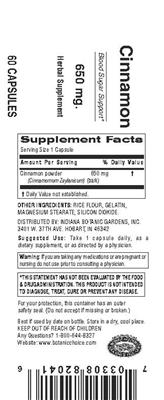 Photo of the Indiana Botanic Gardens Cinnamon 650 mg label