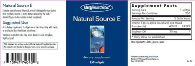 Photo of the Allergy Research Group Natural Source E label