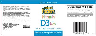 Photo of the Natural Factors Vitamin D3 For Kids 400 IU label