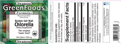 Photo of the Swanson GreenFoods Formulas Broken Cell Wall Chlorella 500 mg label