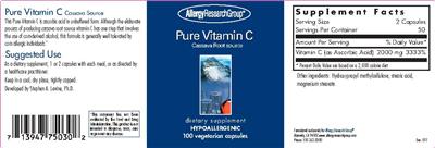 Photo of the Allergy Research Group Pure Vitamin C label