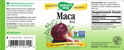 Photo of the Nature's Way Maca Root 525 mg label