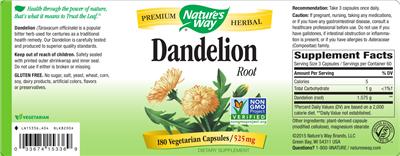 Photo of the Nature's Way Dandelion Root 525 mg label
