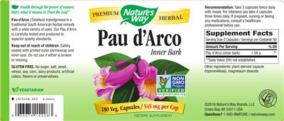 Photo of the Nature's Way Pau d'Arco Inner Bark 545 mg label