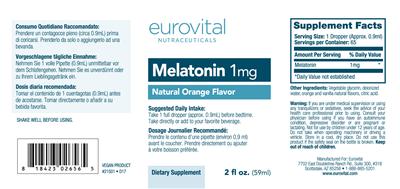 Photo of the Eurovital Nutraceuticals Melatonin 1 mg Natural Orange Flavor label