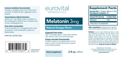 Photo of the Eurovital Nutraceuticals Melatonin 3 mg Natural Orange Flavor label