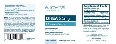 Photo of the Eurovital Nutraceuticals DHEA 25 mg label