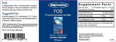 Photo of the Allergy Research Group FOS Fructooligosaccharides label