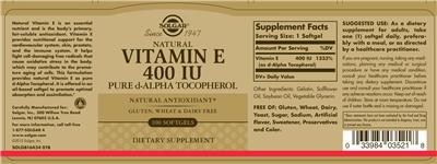 Natural Vitamin E 400 IU Pure D-Alpha Tocopherol