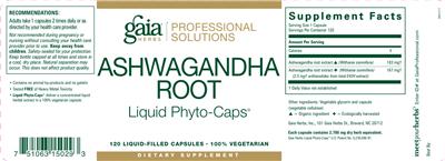Photo of the Gaia Herbs Professional Solutions Ashwagandha Root label