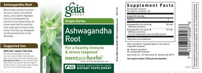 Photo of the Gaia Herbs Single Herbs Ashwagandha Root label