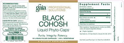 Photo of the Gaia Herbs Professional Solutions Black Cohosh Liquid Phyto-Caps label