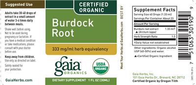 Photo of the Gaia Organics Burdock Root label