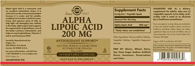 Photo of the Solgar Alpha Lipoic Acid 200 mg label