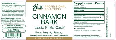 Photo of the Gaia Herbs Professional Solutions Cinnamon Bark Liquid Phyto-Caps label