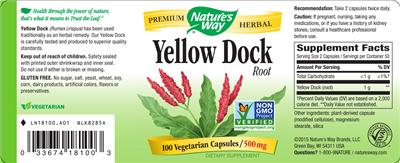 Photo of the Nature's Way Yellow Dock Root 500 mg label