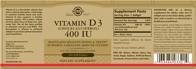 Photo of the Solgar Vitamin D3 400 IU label