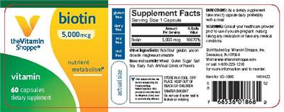 Photo of the The Vitamin Shoppe Biotin 5,000 mcg label