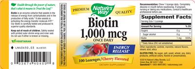 Photo of the Nature's Way Biotin 1,000 mcg Cherry Flavored label