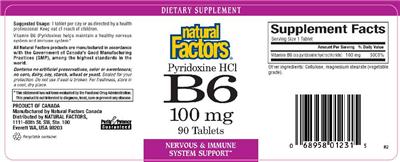 Photo of the Natural Factors Pyridoxine HCl B6 100 mg label