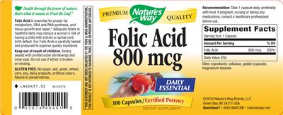 Photo of the Nature's Way Folic Acid 800 mcg label