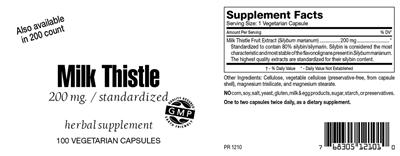 Photo of the Highland Laboratories Milk Thistle 200 mg label