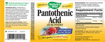 Photo of the Nature's Way Pantothenic Acid 250 mg label