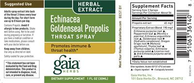 Photo of the Gaia Herbs Echinacea Goldenseal Propolis Throat Spray label