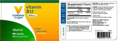 Photo of the The Vitamin Shoppe Vitamin B12 500 mcg label
