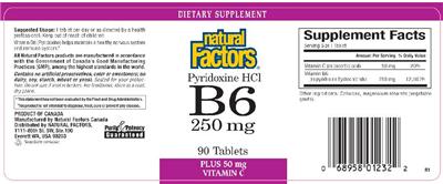 Photo of the Natural Factors Pyridoxine HCl B6 250 mg label