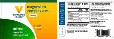 Photo of the The Vitamin Shoppe Magnesium Complex A.M. 500 mg label