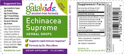 Photo of the GaiaKids Echinacea Supreme Herbal Drops label