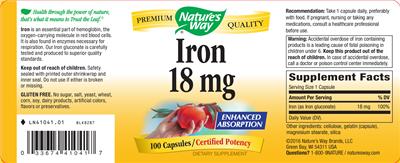 Photo of the Nature's Way Iron 18 mg label