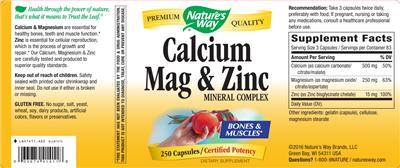 Photo of the Nature's Way Calcium Mag & Zinc Mineral Complex label
