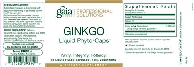 Photo of the Gaia Herbs Professional Solutions Ginkgo Liquid Phyto-Caps label