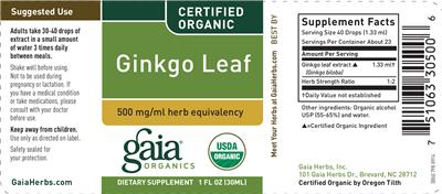 Photo of the Gaia Organics Ginkgo Leaf label