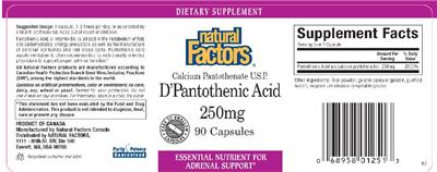 Photo of the Natural Factors D'Pantothenic Acid 250 mg label