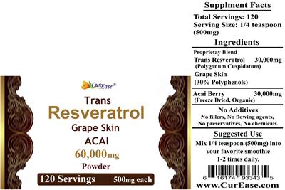 Photo of the CurEase Trans Resveratrol Grape Skin Acai Powder label
