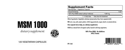 Photo of the Highland Laboratories MSM 1000 label