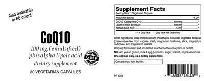 Photo of the Highland Laboratories CoQ10 100 mg label