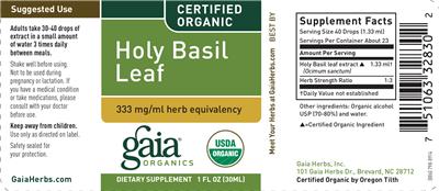 Photo of the Gaia Organics Holy Basil Leaf label