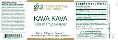 Photo of the Gaia Herbs Professional Solutions Kava Kava Liquid Phyto-Caps label