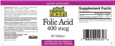 Photo of the Natural Factors Folic Acid 400 mcg label