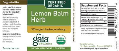 Photo of the Gaia Organics Lemon Balm Herb label